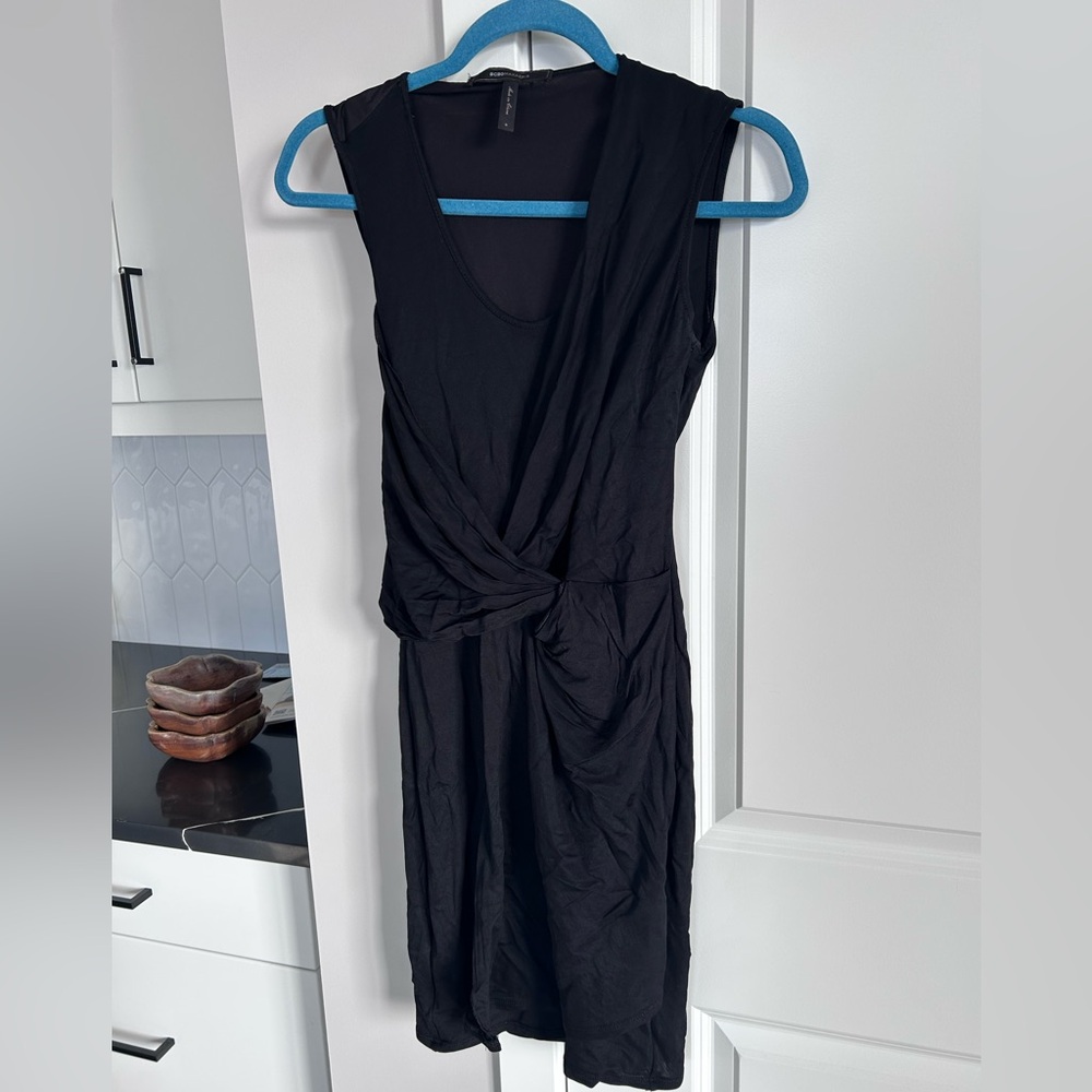 BCBG Max Azria Black Fitted Front Drape Midi Dress Elegant Bodycon Cocktail